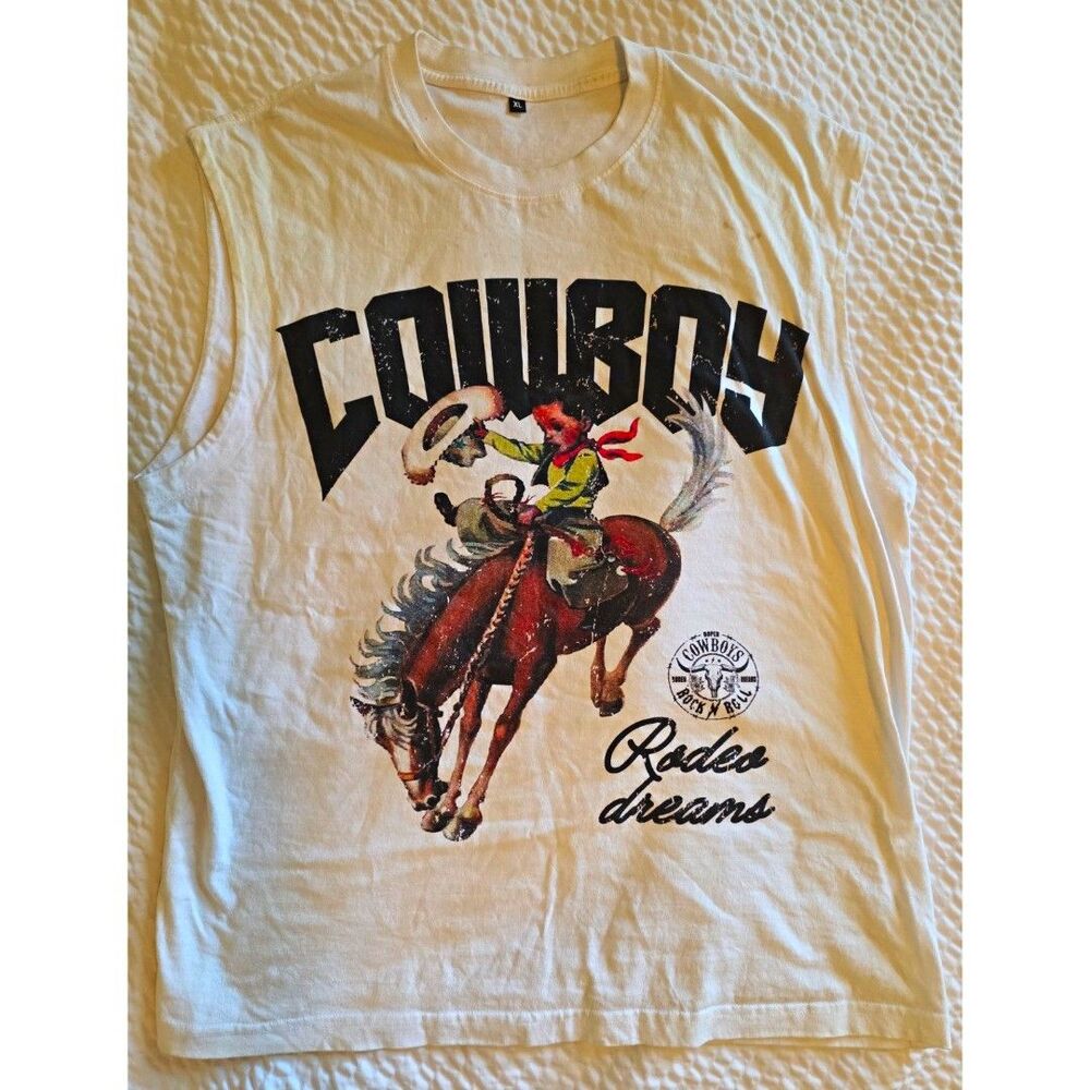 Men's White Cowboy Rodeo Dreams Graphic Sleeveless Crew Neck Knit T-Shirt XL